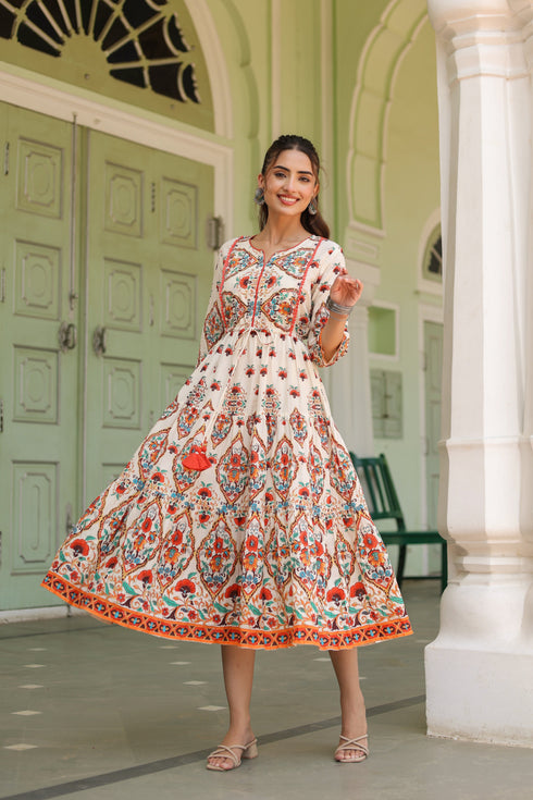 White Printed Fit & Flare Ethnic Dress